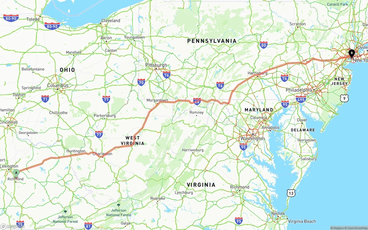 Shipping route from Kentucky to Port of New York