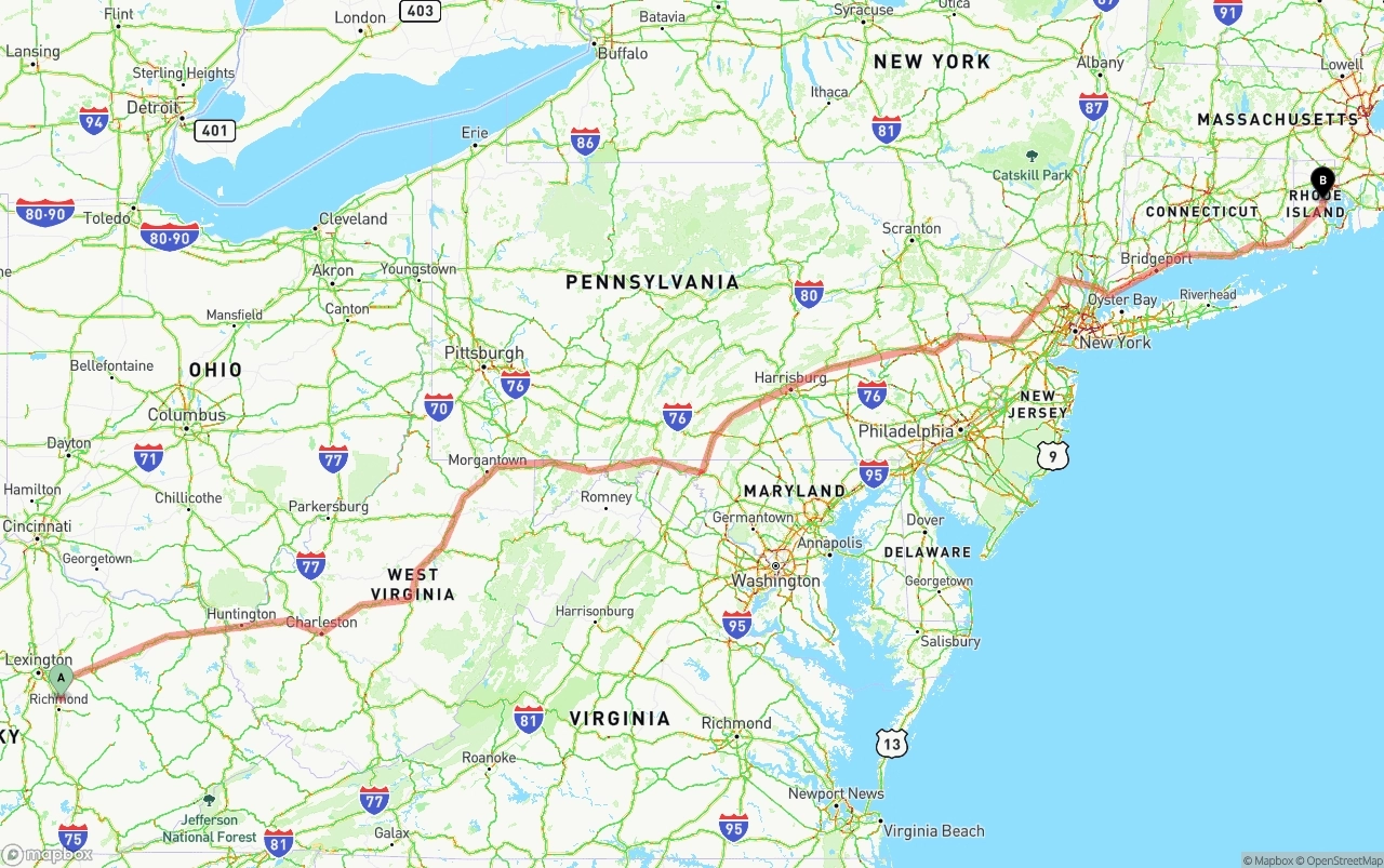 Shipping route from Kentucky to Rhode Island
