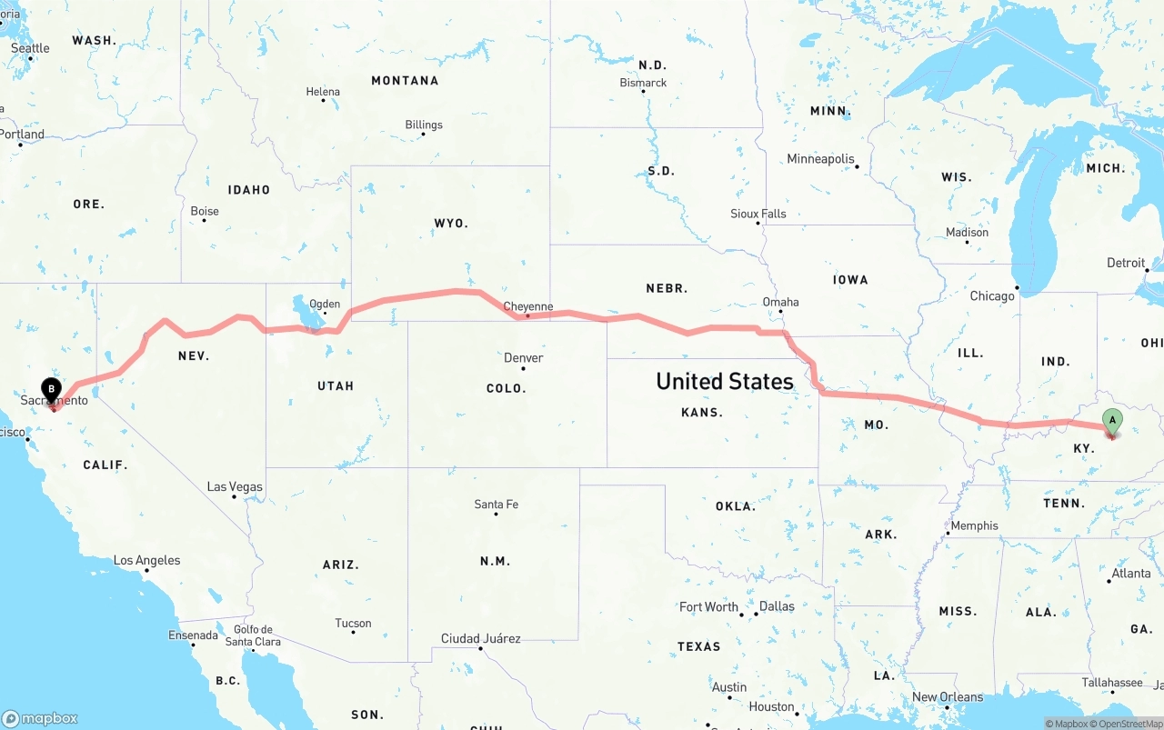 Shipping route from Kentucky to Sacramento International Airport