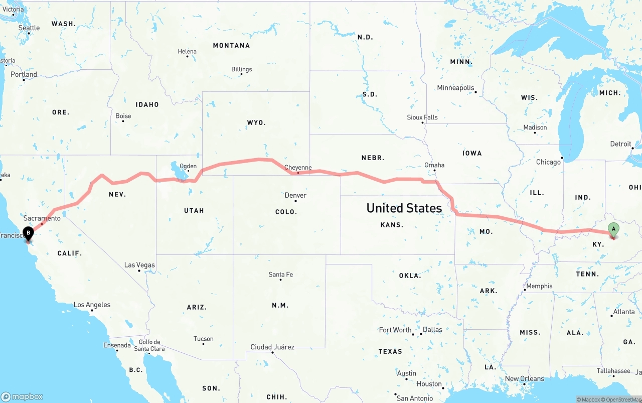 Shipping route from Kentucky to San Francisco International Airport