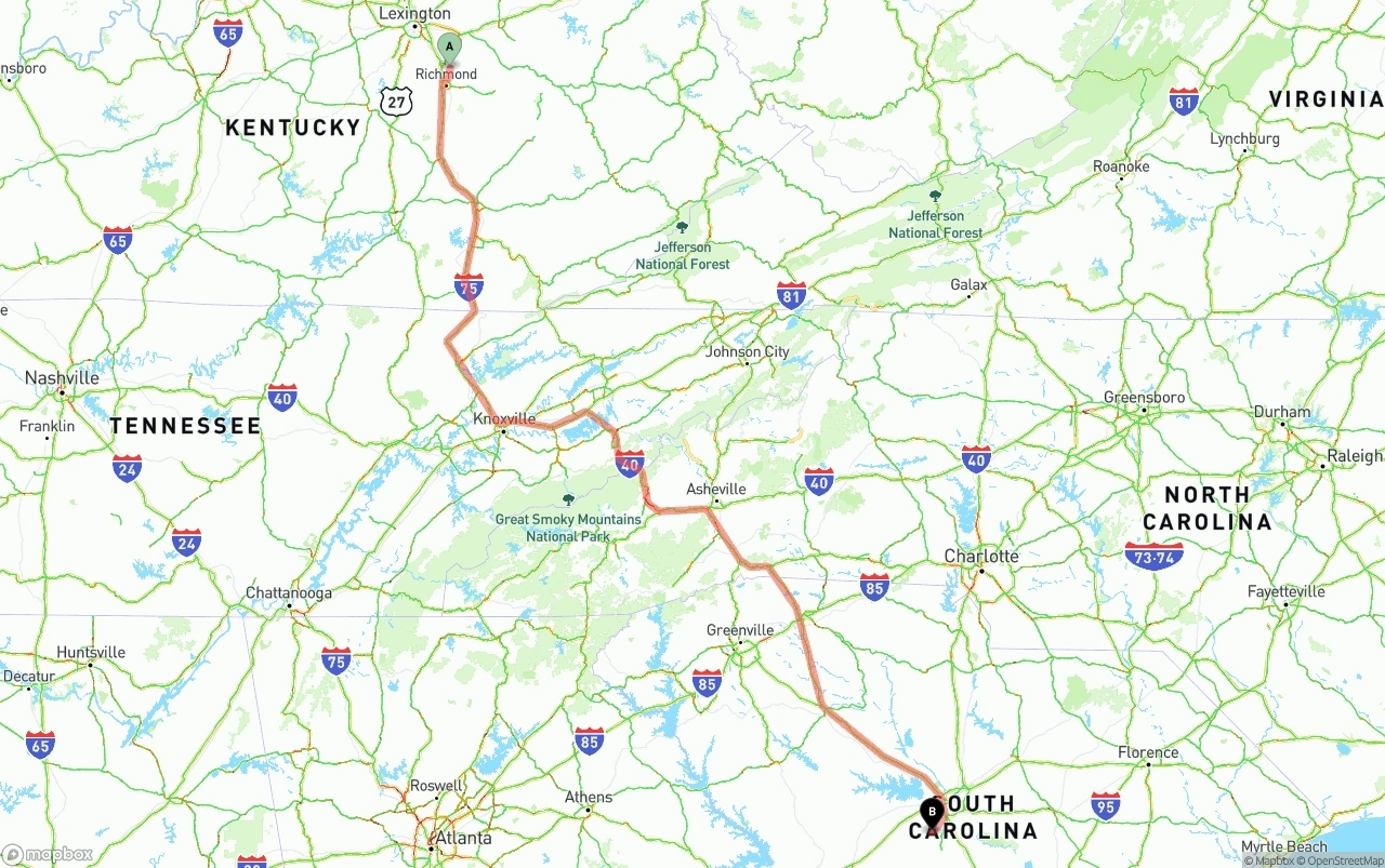 Shipping route from Kentucky to South Carolina