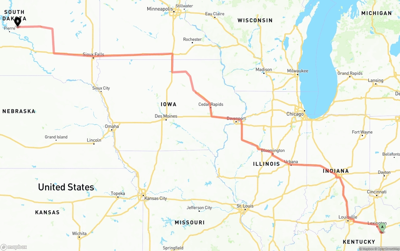 Shipping route from Kentucky to South Dakota