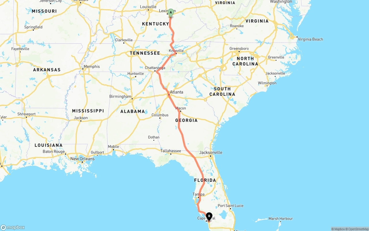 Shipping route from Kentucky to Southwest Florida International Airport