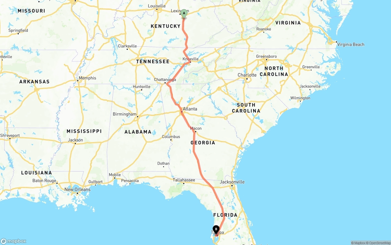 Shipping route from Kentucky to Tampa International Airport