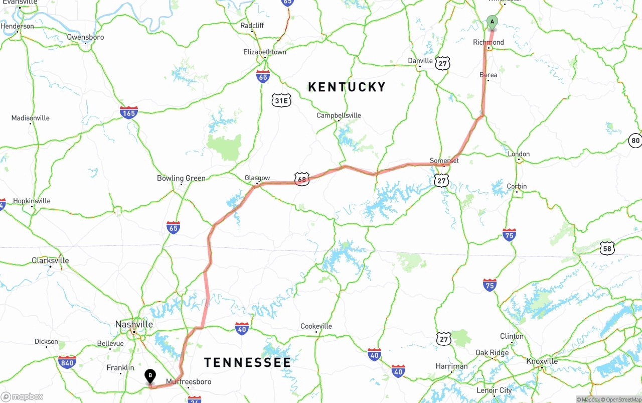 Shipping route from Kentucky to Tennessee