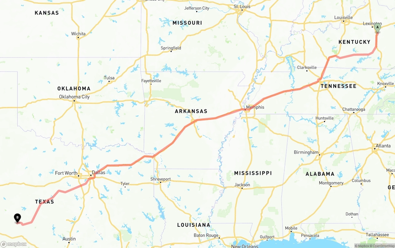 Shipping route from Kentucky to Texas