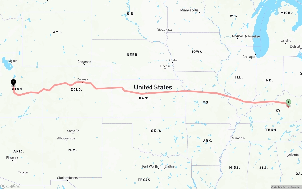 Shipping route from Kentucky to Utah