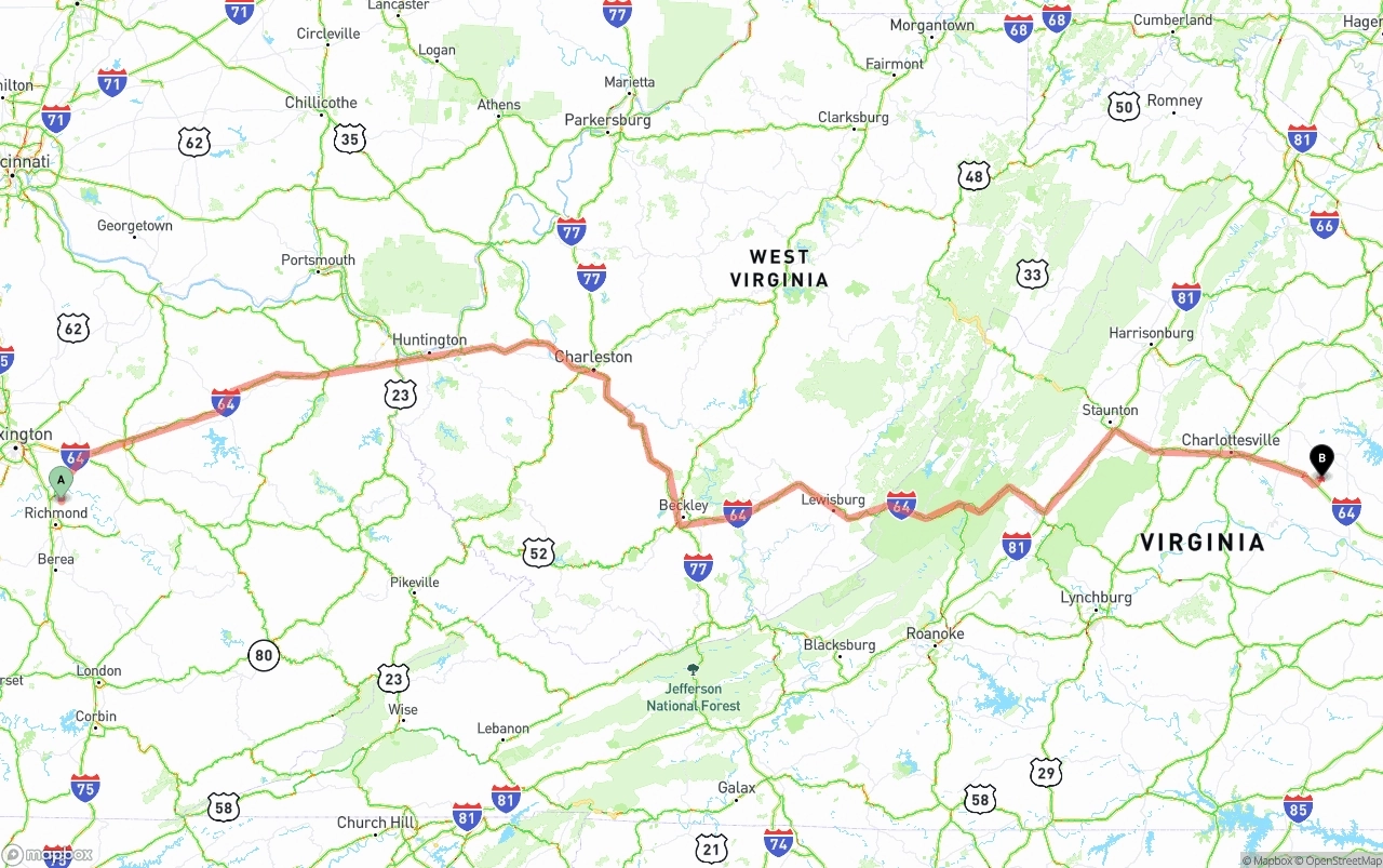 Shipping route from Kentucky to Virginia