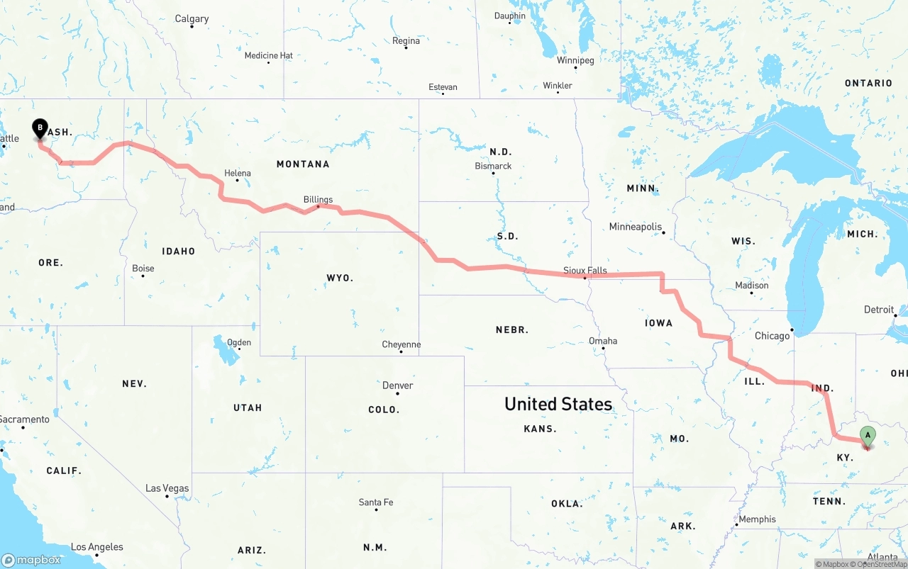Shipping route from Kentucky to Washington