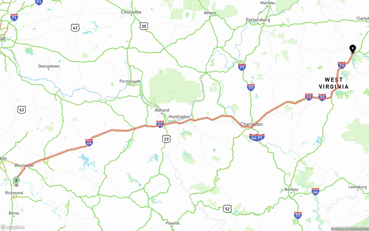 Shipping route from Kentucky to West Virginia