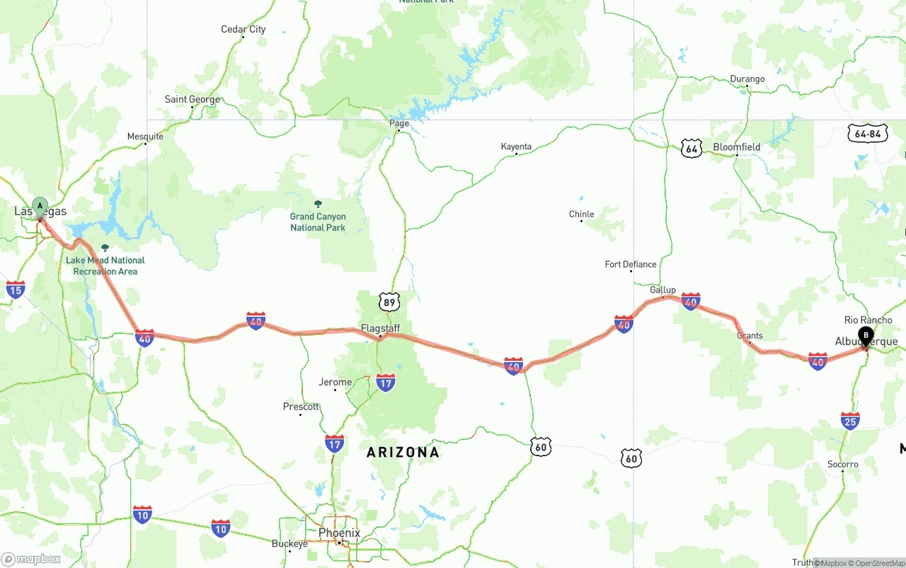 Shipping route from Las Vegas to Albuquerque