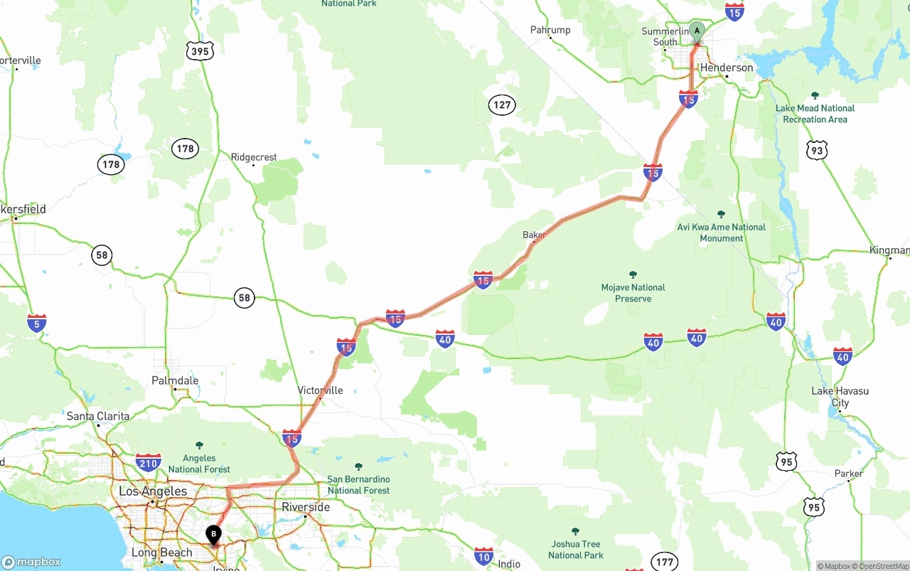 Shipping route from Las Vegas to Anaheim