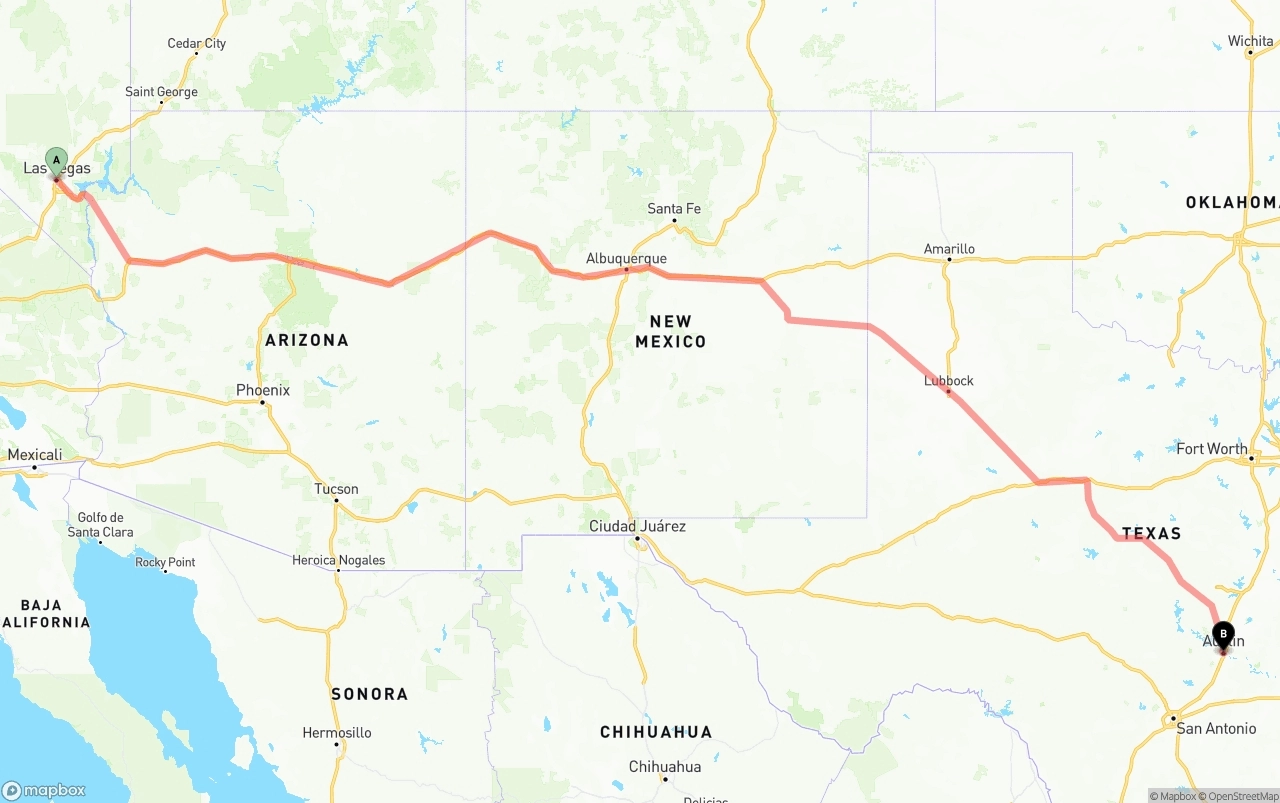 Shipping route from Las Vegas to Austin