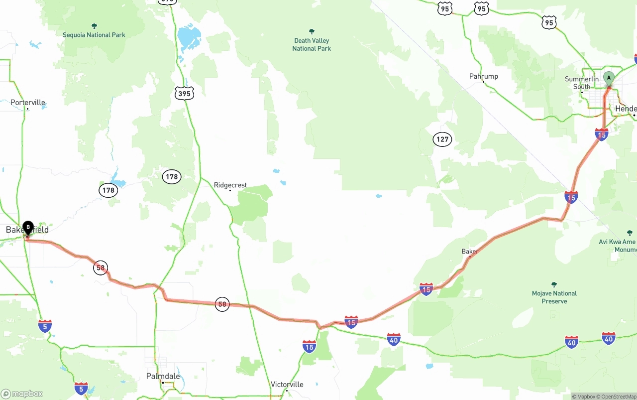 Shipping route from Las Vegas to Bakersfield