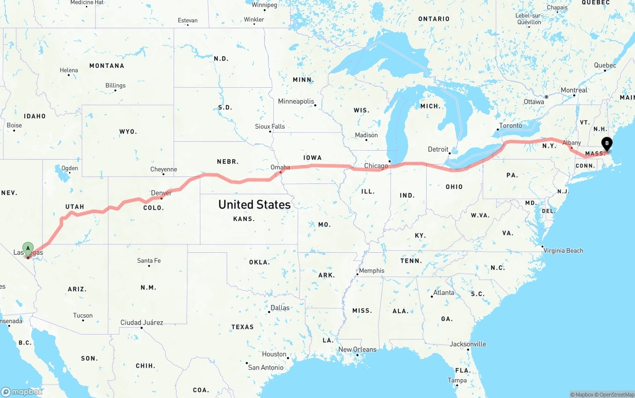 Shipping route from Las Vegas to Boston