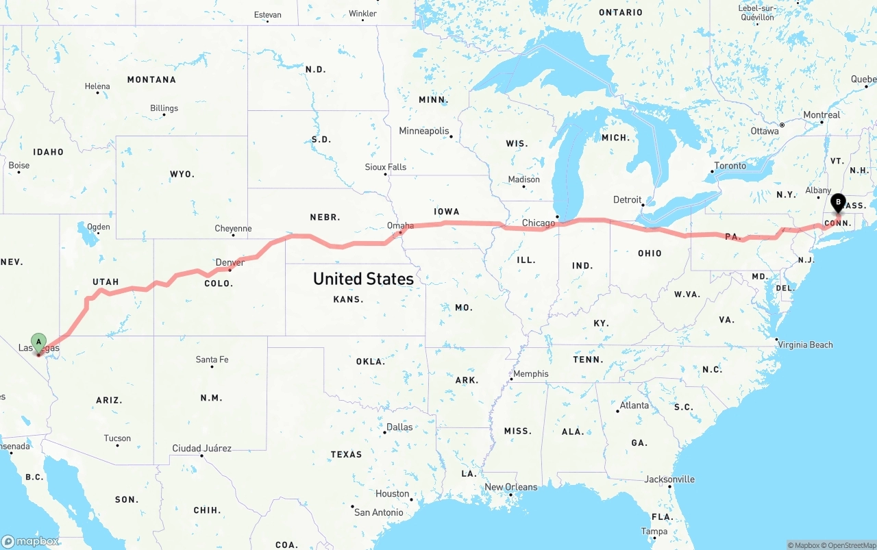 Shipping route from Las Vegas to Bradley International Airport