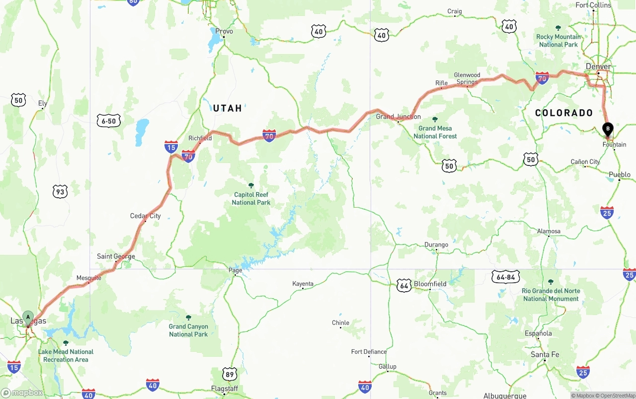 Shipping route from Las Vegas to Colorado Springs