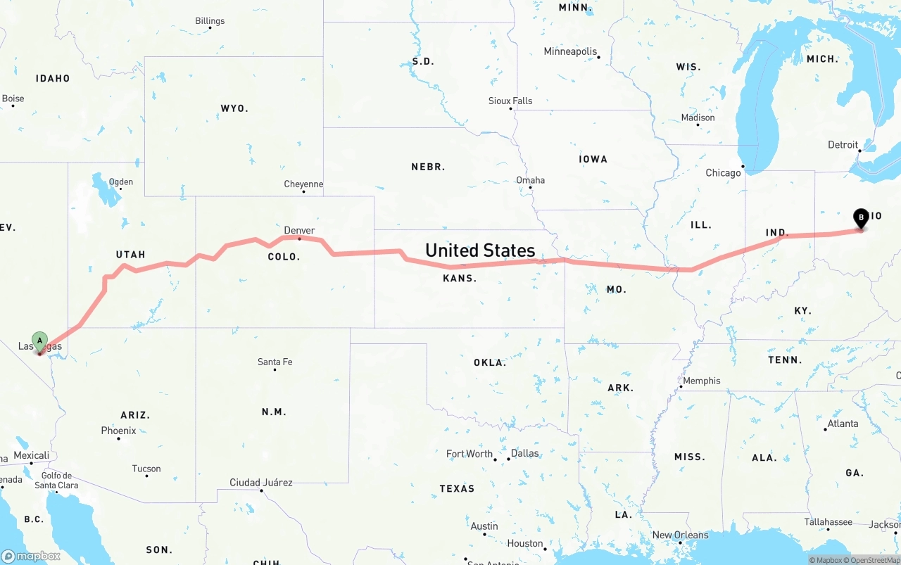 Shipping route from Las Vegas to Columbus