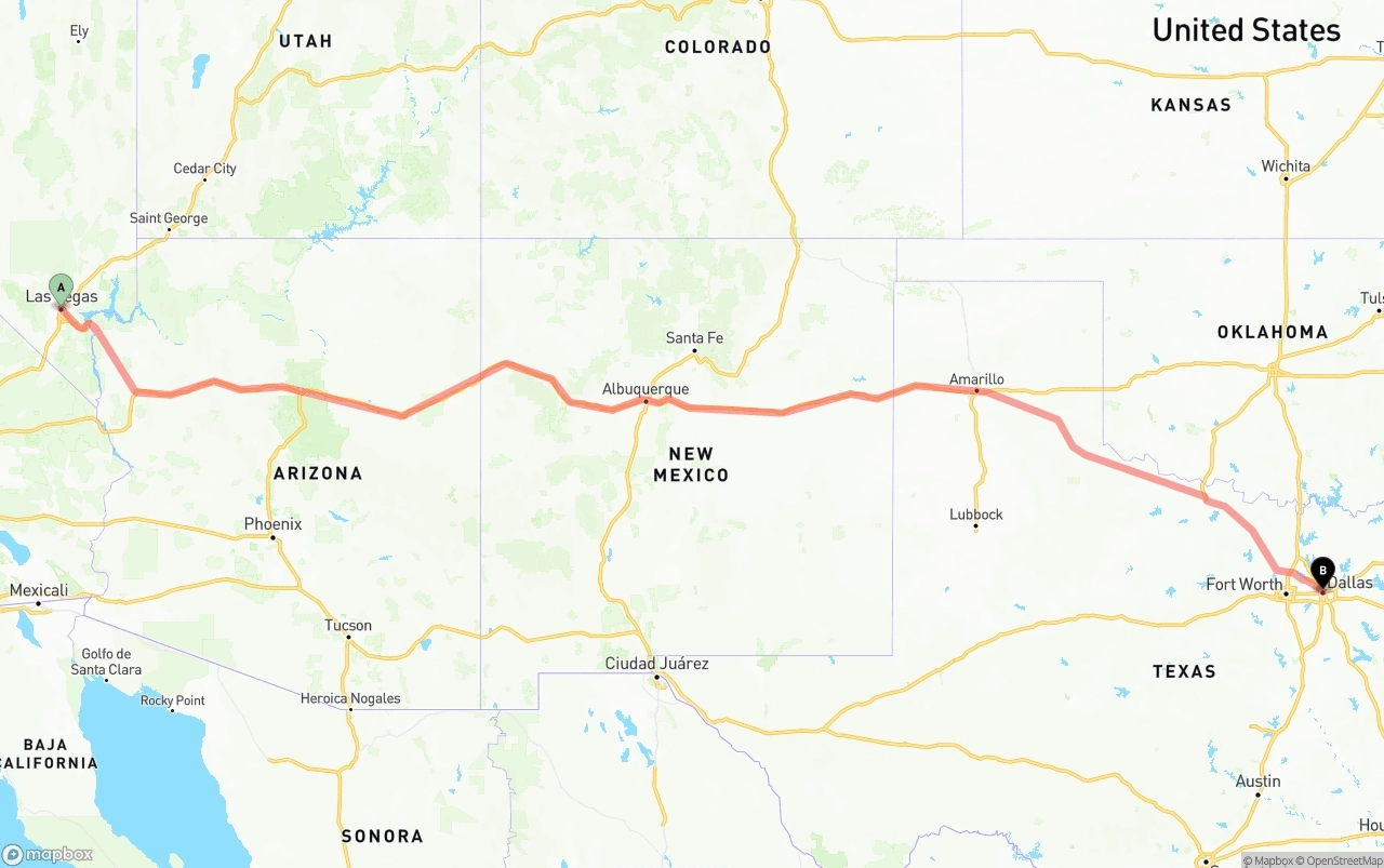 Shipping route from Las Vegas to Dallas