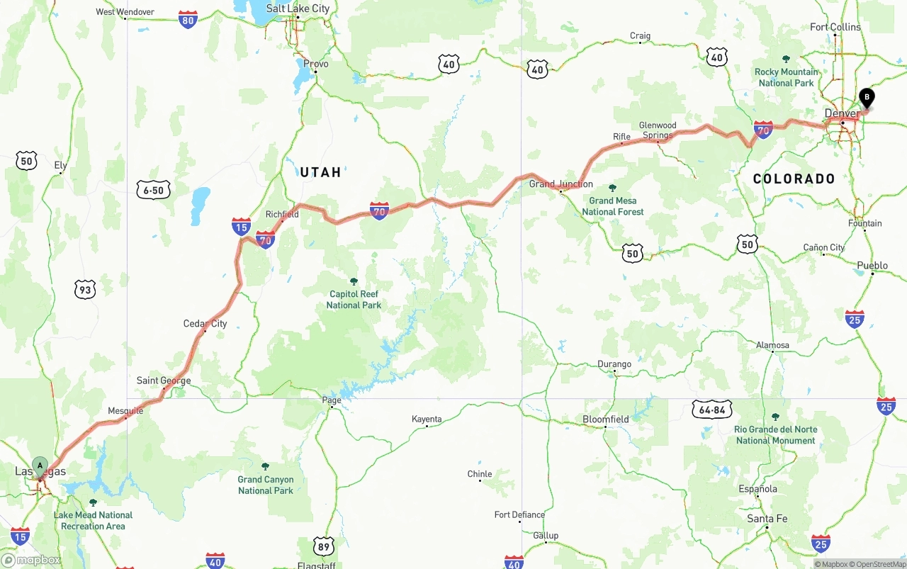 Shipping route from Las Vegas to Denver International Airport