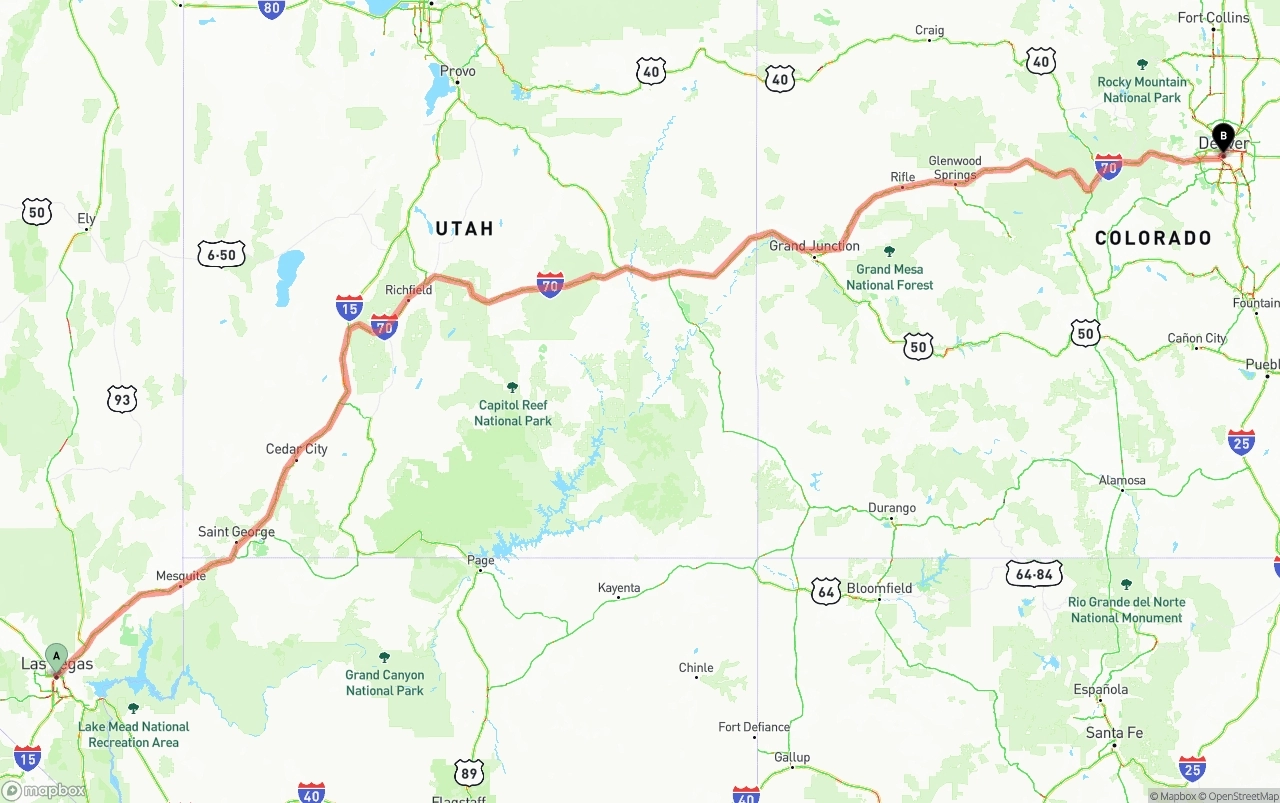 Shipping route from Las Vegas to Denver