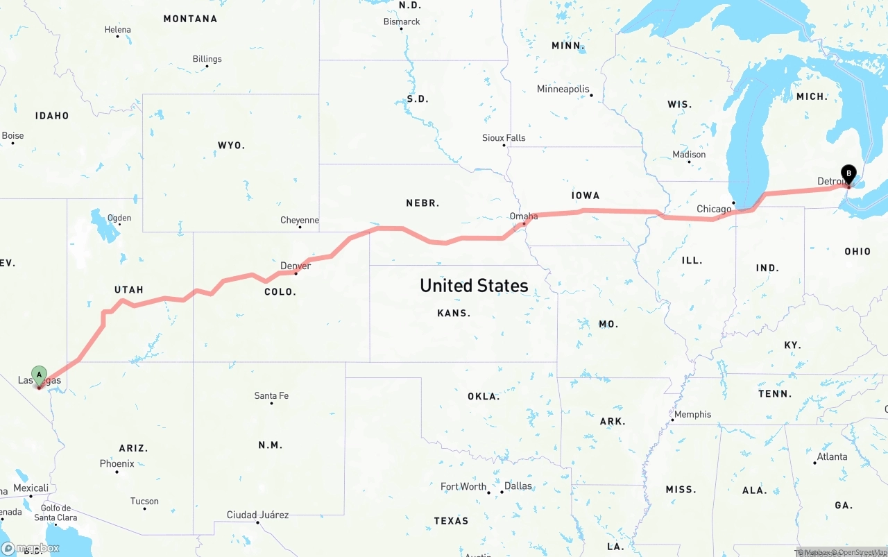 Shipping route from Las Vegas to Detroit