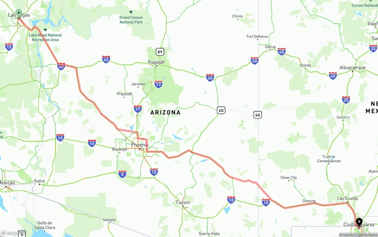 Shipping route from Las Vegas to El Paso