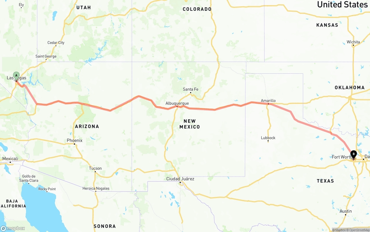 Shipping route from Las Vegas to Fort Worth