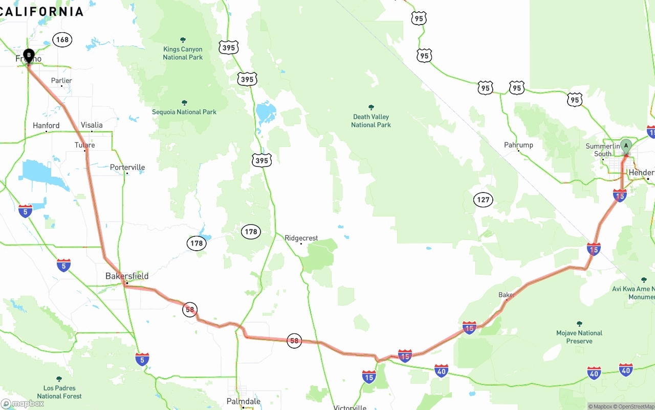 Shipping route from Las Vegas to Fresno