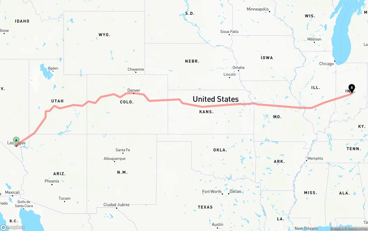 Shipping route from Las Vegas to Indianapolis