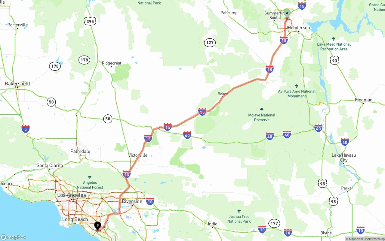 Shipping route from Las Vegas to John Wayne Airport — Orange County