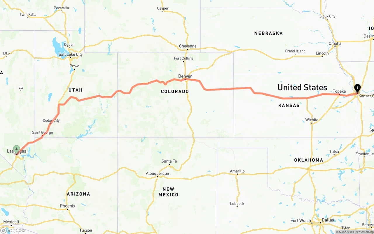 Shipping route from Las Vegas to Kansas City