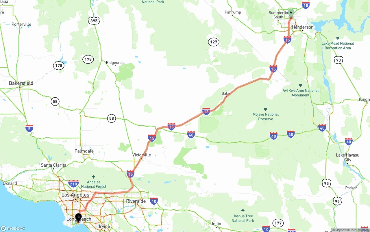 Shipping route from Las Vegas to Long Beach