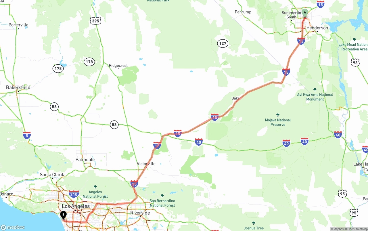 Shipping route from Las Vegas to Los Angeles International Airport