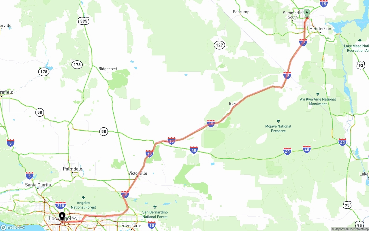 Shipping route from Las Vegas to Los Angeles