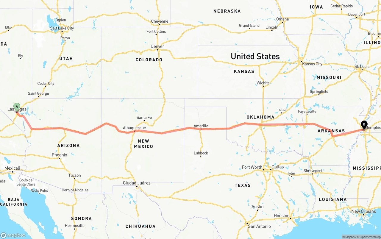 Shipping route from Las Vegas to Memphis