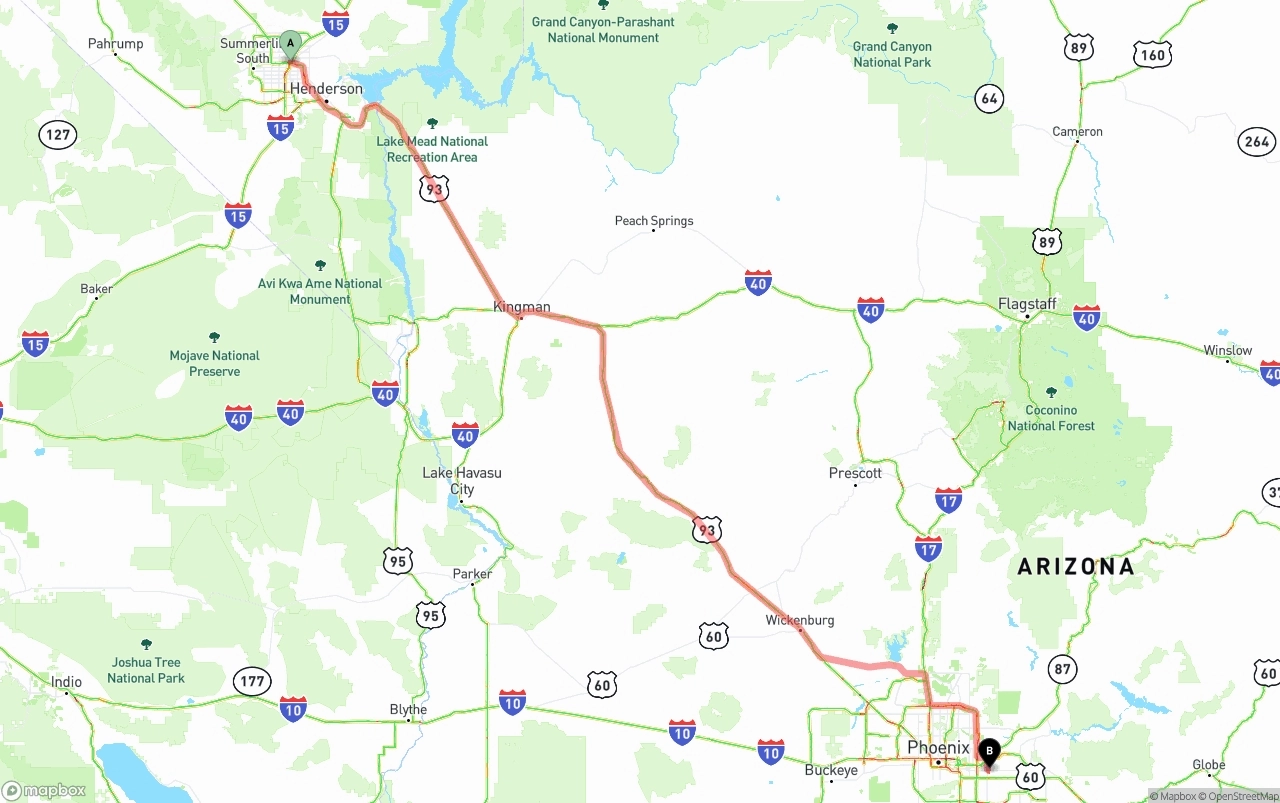 Shipping route from Las Vegas to Mesa