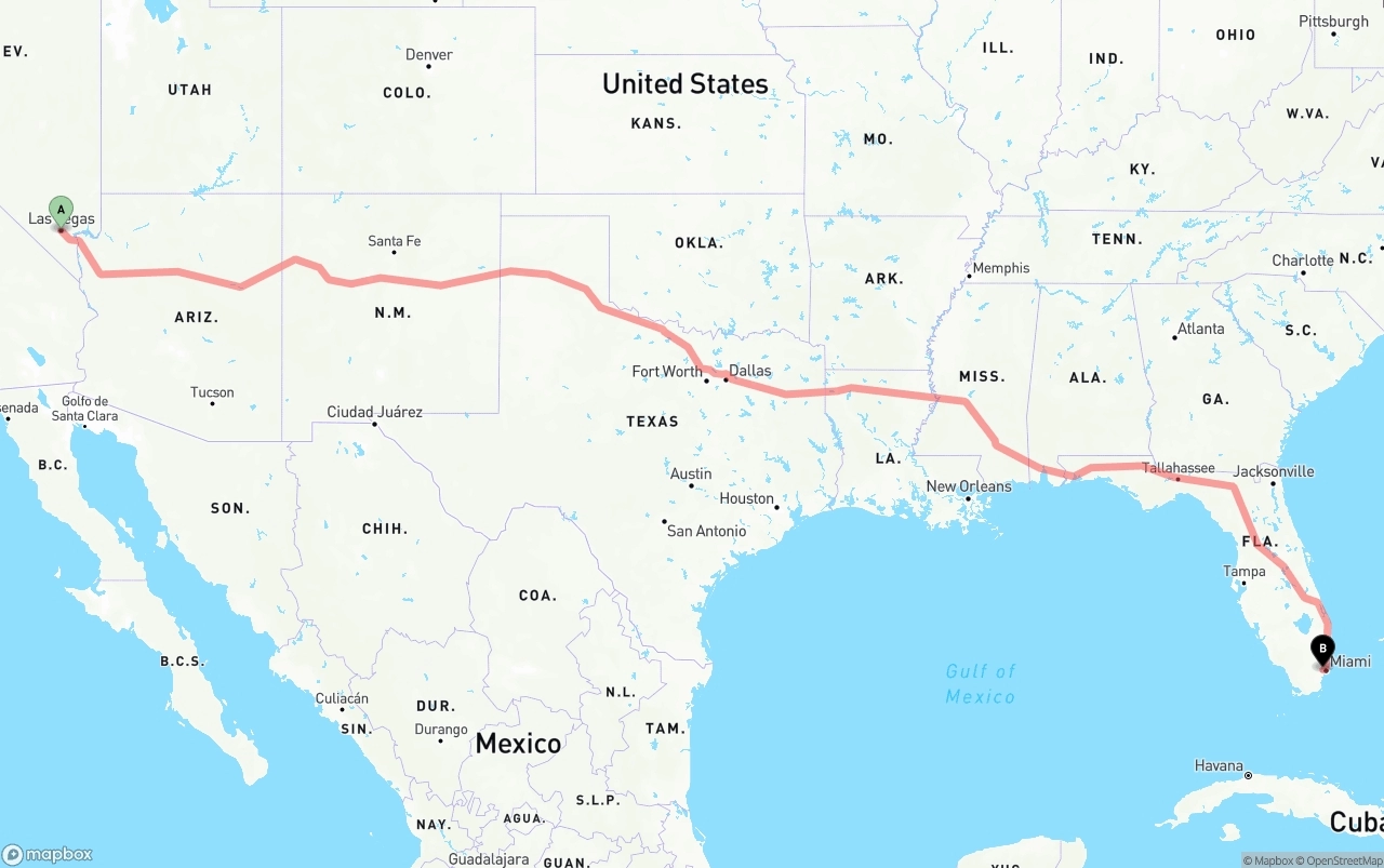 Shipping route from Las Vegas to Miami International Airport
