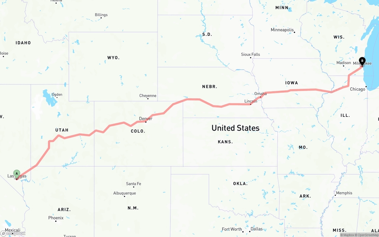 Shipping route from Las Vegas to Milwaukee