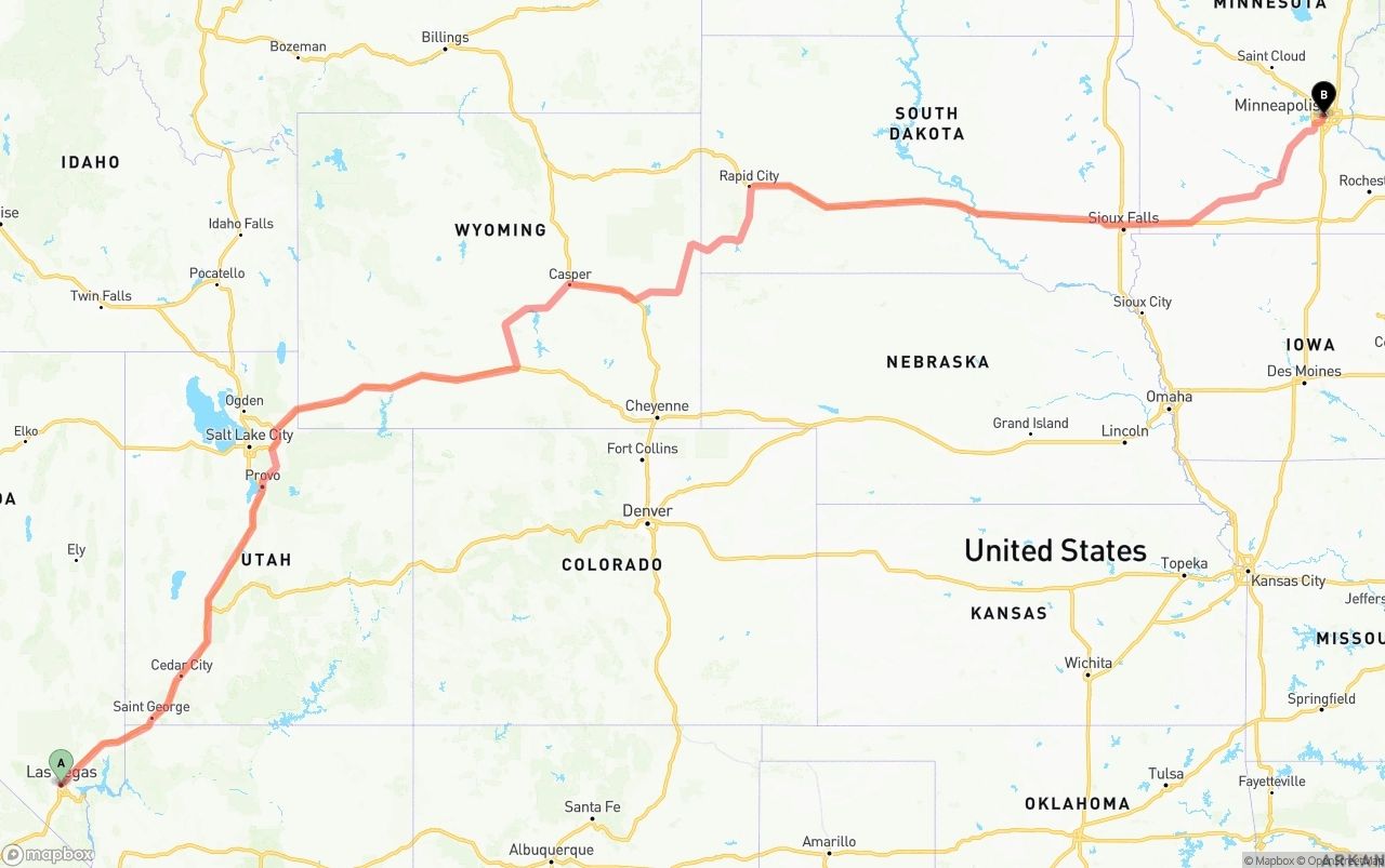 Shipping route from Las Vegas to Minneapolis