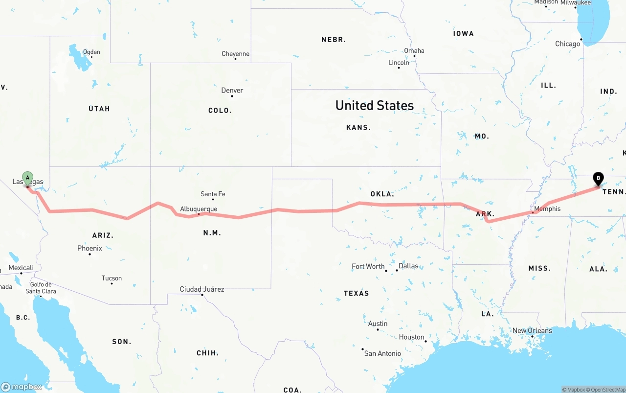 Shipping route from Las Vegas to Nashville