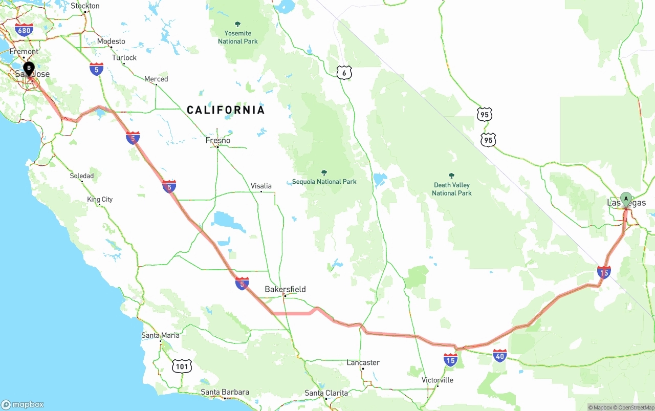 Shipping route from Las Vegas to Norman Y. Mineta San Jose International Airport