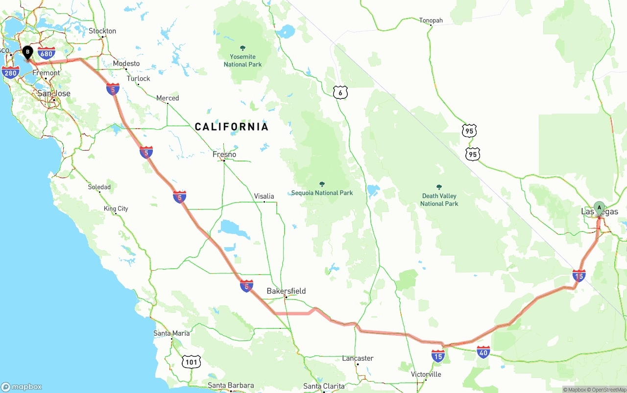 Shipping route from Las Vegas to Oakland International Airport