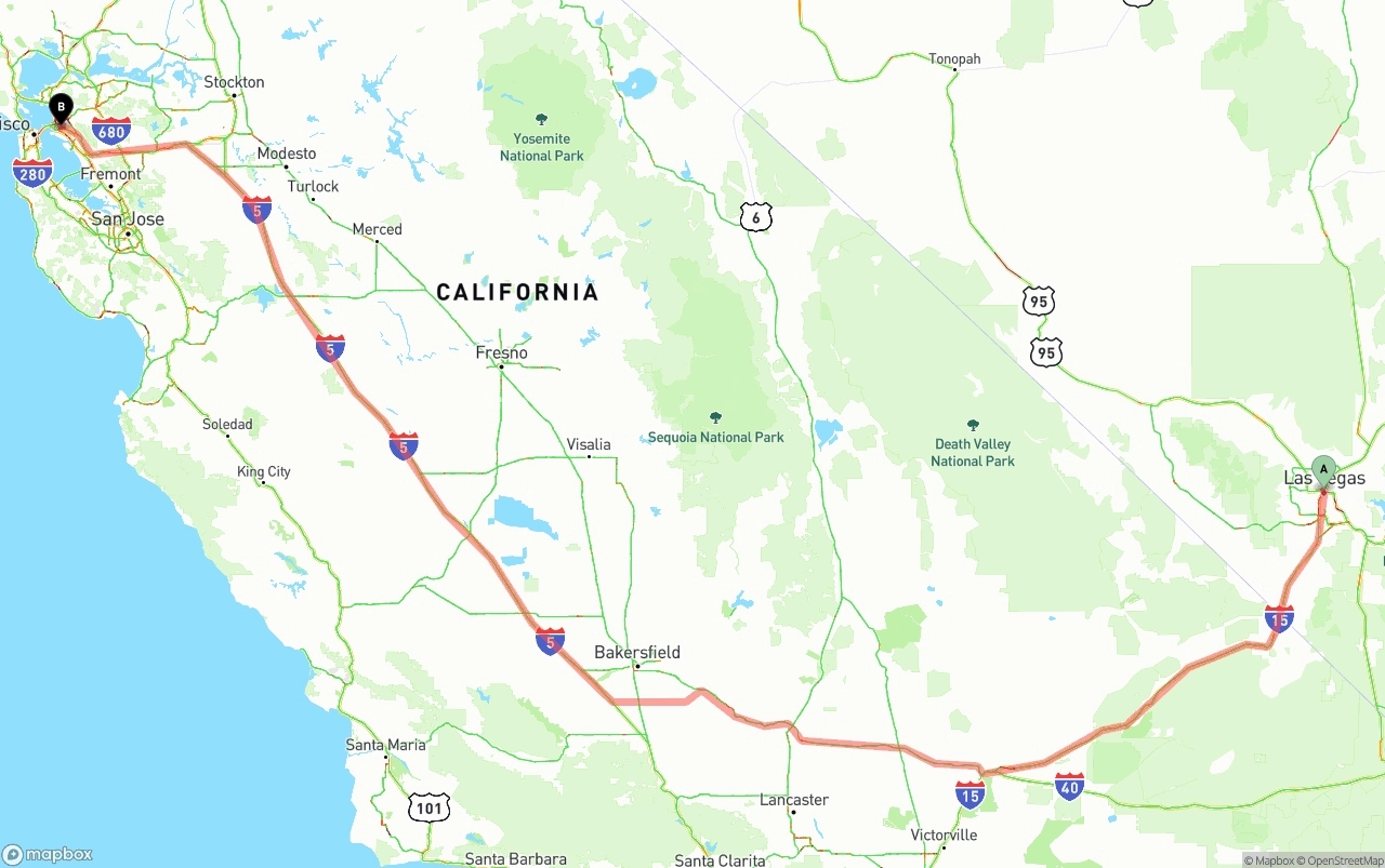 Shipping route from Las Vegas to Oakland