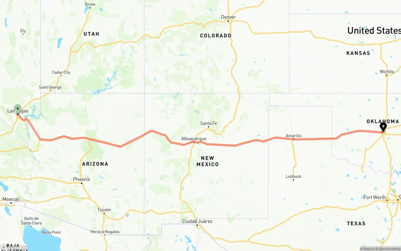 Shipping route from Las Vegas to Oklahoma City