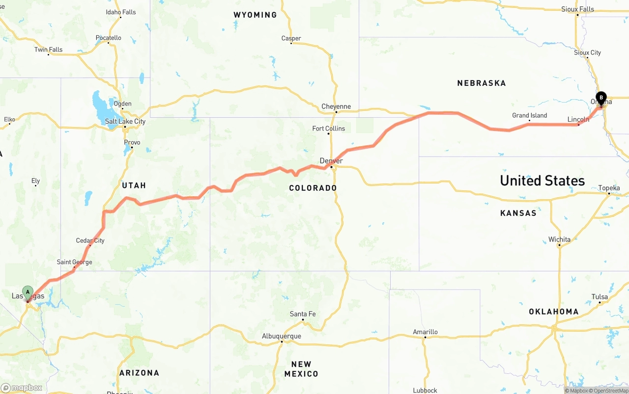 Shipping route from Las Vegas to Omaha