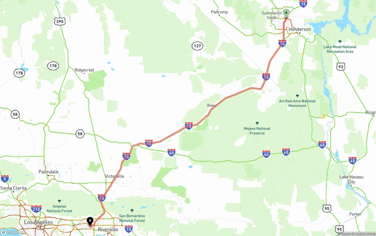 Shipping route from Las Vegas to Ontario International Airport