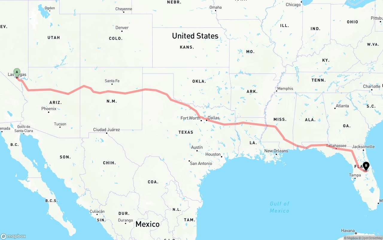 Shipping route from Las Vegas to Orlando