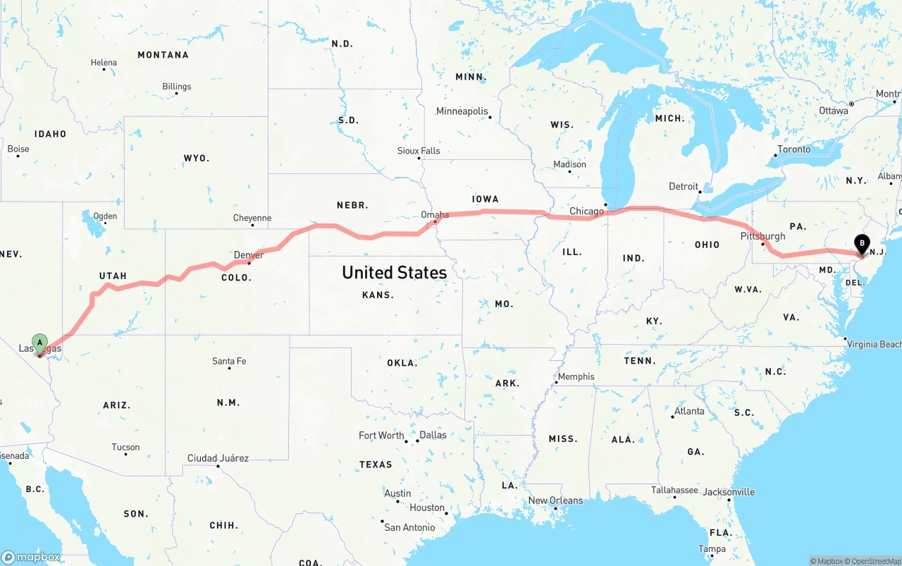 Shipping route from Las Vegas to Philadelphia