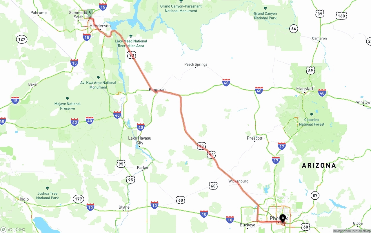 Shipping route from Las Vegas to Phoenix Sky Harbor International Airport